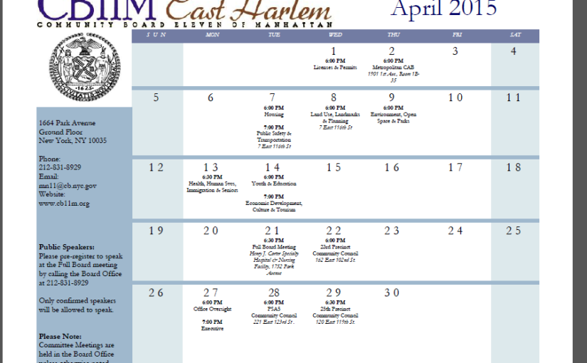 Community Board 11 April Calendar